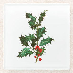 Glasuntersetzer: VINTAGE CHRISTMAS HOLLY Glasuntersetzer