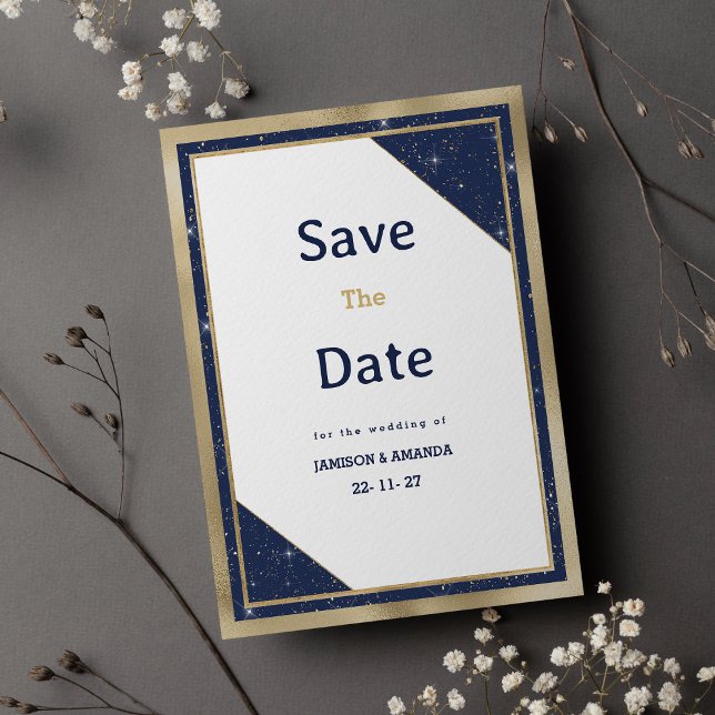 Glasur aus weißem Goldmedaille mit blauem Glitzer  Einladung (White gold navy blue glitter glam Save The Date )
