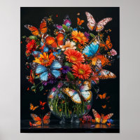 Glasvase mit bunten Schmetterlingen und Blume.