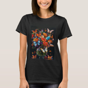 Glasvase mit bunten Schmetterlingen und Blume. T-Shirt