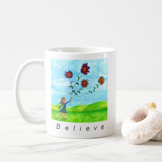 "Glaube an das Unmögliche" Mädchen mit Blume Kites Kaffeetasse (Mit Donut)