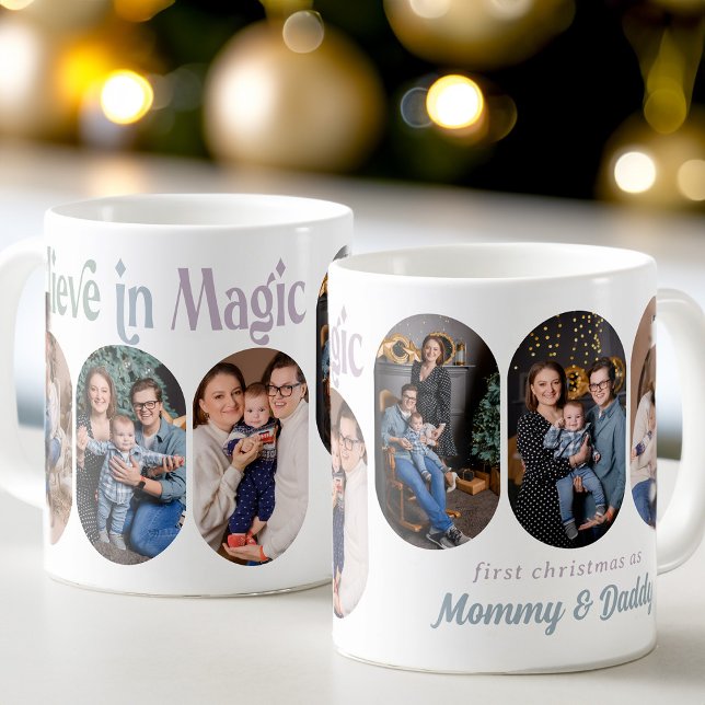 Glaube an Magic 6 Rounded Lozenge Foto New Baby Kaffeetasse (Believe in Magic First Christmas New Parents 6 photo mug - Rounded Lozenge Photo Collage collection)