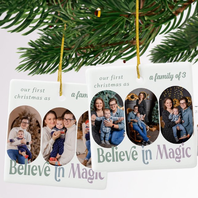 Glaube an Magie Erste Weihnachtsfeier 6 Foto Farbe Keramikornament (6 Photo Believe in Magic Ornament from Rounded Lozenge Photo Collage collection)