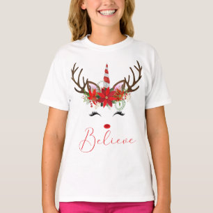 Glaube an Red & White Poinsettia Reindeer Unicorn T-Shirt