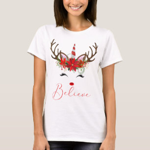Glaube an Red & White Poinsettia Reindeer Unicorn T-Shirt