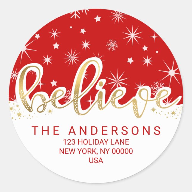 Glaube an Weihnachten Red Gold Script Rücksendeadr Runder Aufkleber (Vorderseite)