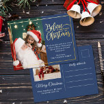 Glaube an Weihnachtsmagie 2 Fotos der Familie blau Folien Feiertagspostkarte<br><div class="desc">Moderne Feiertagsgrüße mit einer Ihrer Lieblingssendungen der Weihnachtsfamilie auf dem verlassen, ergänzt durch einen echten Goldfolienrahmen und eine Formulierung, die rechts über einen klassischen blauen Hintergrund "Glaube an die Magie der Weihnachtszeit" steht, die mit deiner eigenen Begrüßungsbotschaft individuell gestaltet werden kann. Die Rückseite der Postkarte ist mit einem zweiten Bild,...</div>