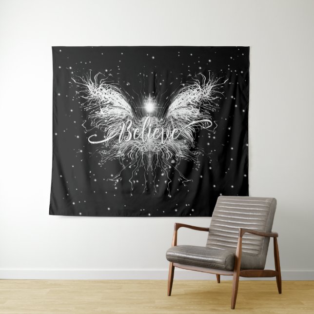 Glaube Fairy Starlight Fantasy Black Wandteppich (Beispiel (Horizontal))
