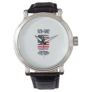 Glaube Familie Freiheit Patriotisches Kreuz USA-Fl Armbanduhr