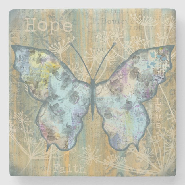 "Glaube, Hoffnung und Liebe" Schmetterling Steinuntersetzer (Vorderseite)