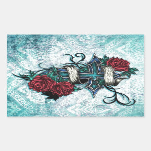 Glaube in den Liebe-Rosen und Querkunst auf blauer Rechteckiger Aufkleber