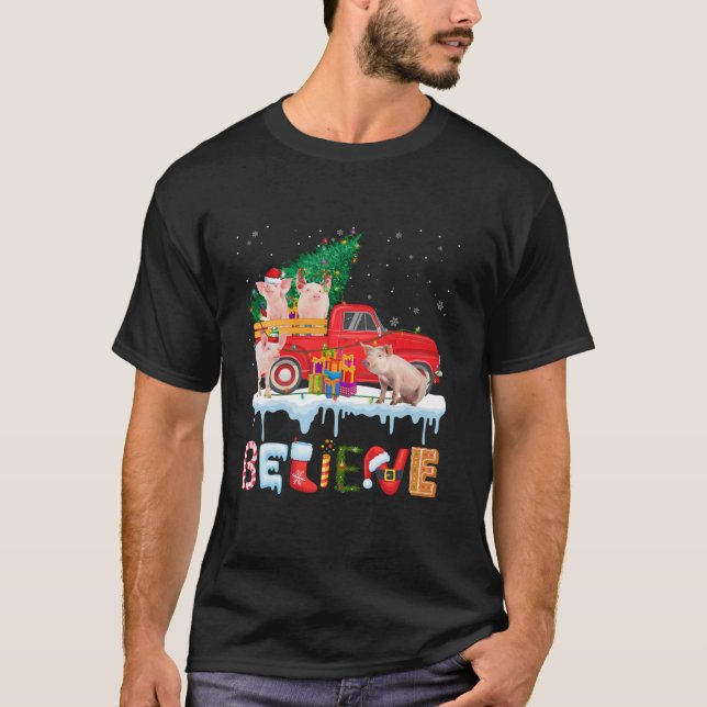 Glaube Pig Riding Red Truck Weihnachtsbaum Christu T-Shirt (Vorderseite)
