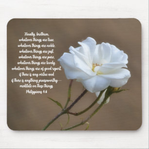 Glaube reine weiße Rose Philipper 4:8 Bibelvers Mousepad