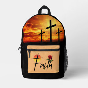 Glaube Schwarz Typografie mit Rose und Kreuz Bedruckter Rucksack