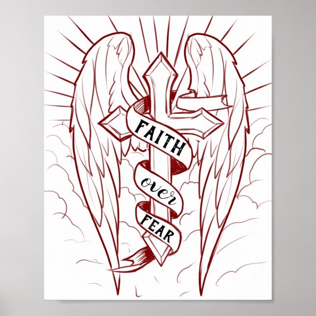 Glaube über Angst Angel Wings & Cross Christlich A Poster (Vorne)