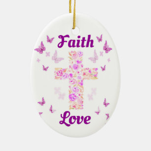 Glaube und Liebe Kreuz der Rose mit rosa Butterfli Keramik Ornament