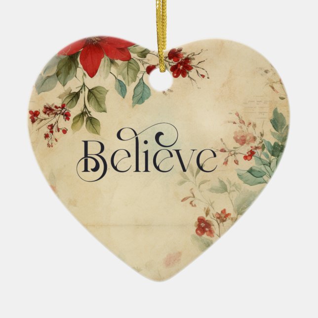 'Glaube' Vintage Poinsettia Weihnachtsblase Verse Keramik Ornament (Vorne)