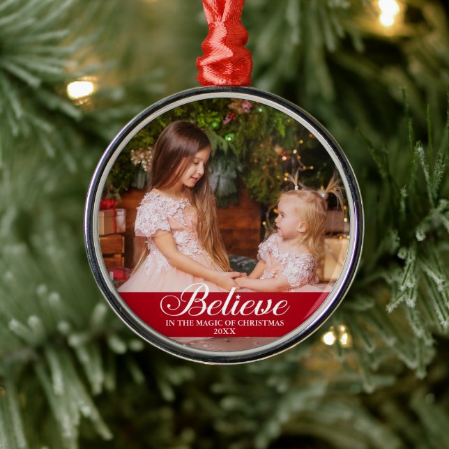 Glauben Elegante Calligrafy Familie Foto Red Ornament Aus Metall (Baum)