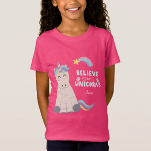 Glauben Sie an Unicorns Blau und Pink Girl Pattern T-Shirt