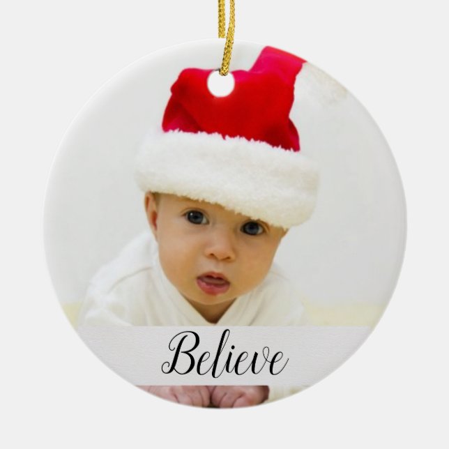Glauben Sie Baby Weihnachten Foto mit Name und Jah Keramik Ornament (Vorne)