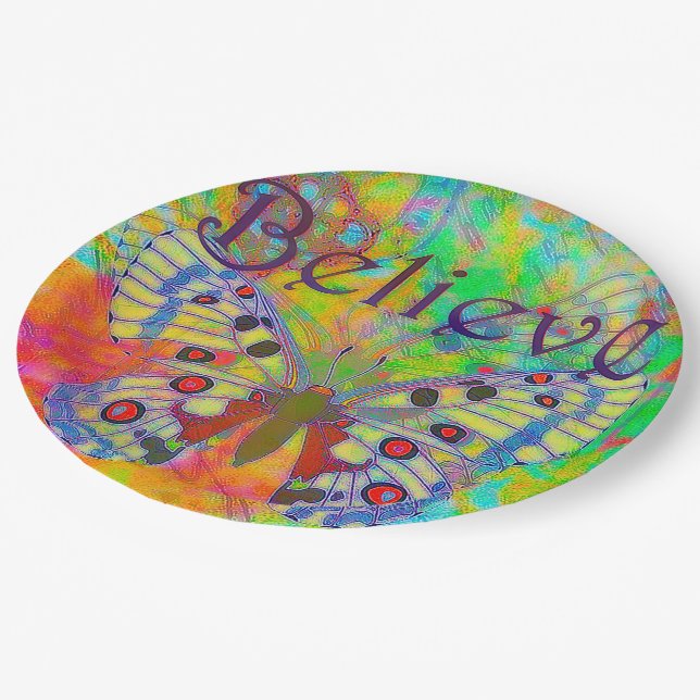 Glauben Sie bunter Schmetterling Pappteller (Schrägansicht)