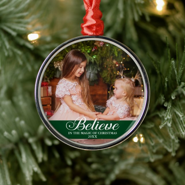 Glauben Sie Elegant Calligraphy Family Foto Green Ornament Aus Metall (Baum)