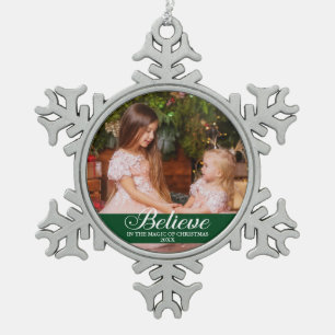 Glauben Sie Elegant Calligraphy Family Foto Green Schneeflocken Zinn-Ornament
