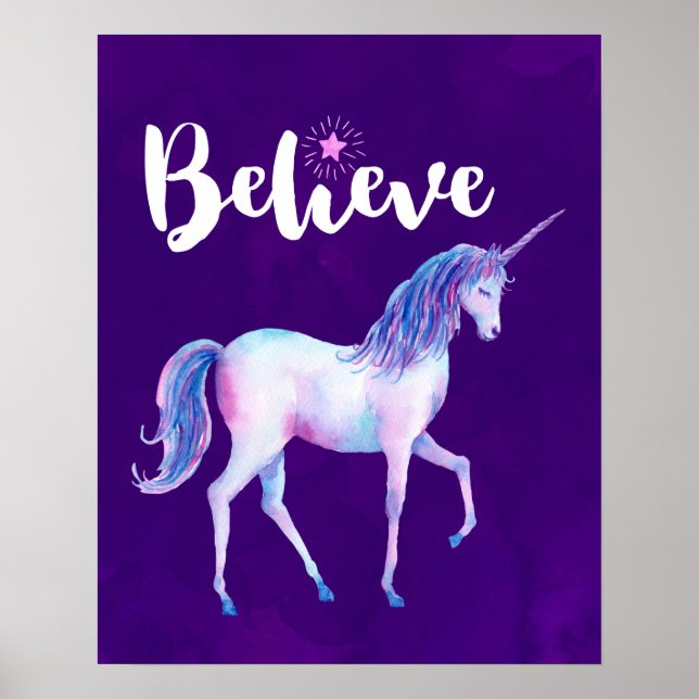 Glauben Sie mit Unicorn an Pastelwasser-Farben Poster (Vorne)