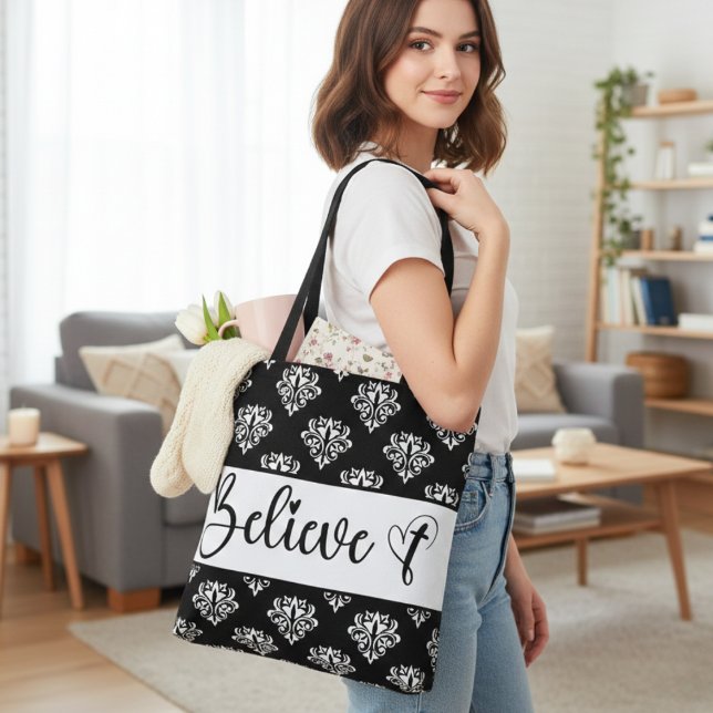 Glauben Sie moderne Drehbuch Schwarz-weiß Damask C (Believe Modern Script Black White Damask Christian Tote Bag)