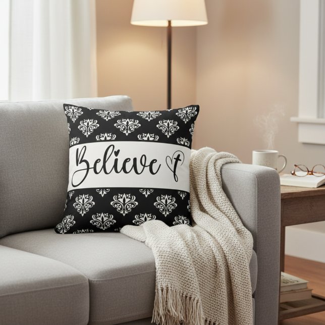 Glauben Sie moderne Drehbuch Schwarz-weiß Damask C Kissen (Believe Modern Script Black White Damask Christian Throw Pillow)