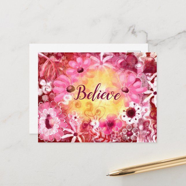 Glauben Whimsical Floral Pink Rot Blume Gelb Postkarte (Vorderseite/Rückseite Beispiel)