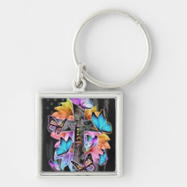 Glaubenskreuz, Schmetterlinge und Blume Schlüsselanhänger