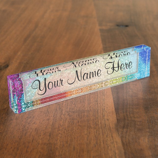 Gleaming Rainbow Glitzer Swirl Namensplakette (Seite)