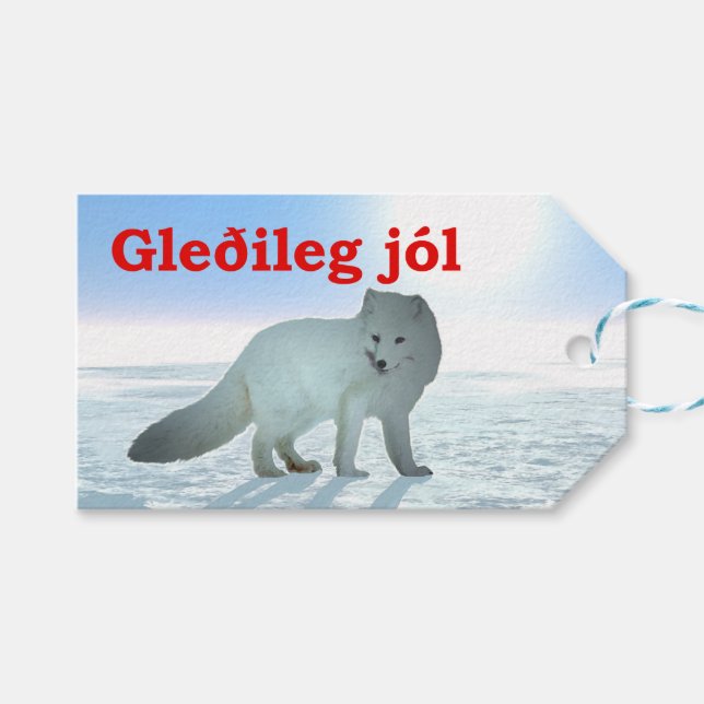Gleðileg Jól - Arctic Fox Geschenkanhänger (Vorderseite (Horizontal))