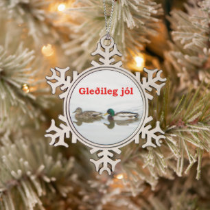 Gleðileg jól - Mallards Schneeflocken Zinn-Ornament