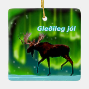 Gleðileg jól - Northern Lights Moose Keramikornament