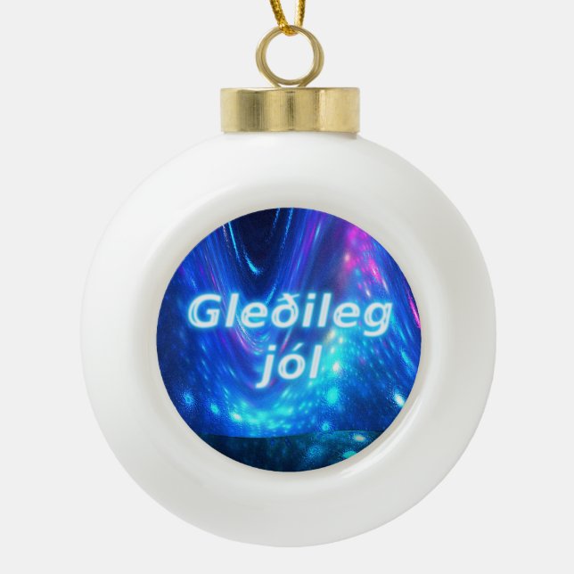 Gleðileg Jól - Qaanaq - Nordlichter Keramik Kugel-Ornament (Vorderseite)