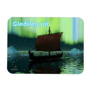 Gleðileg jól - Viking Ship and Northern Lights Magnet