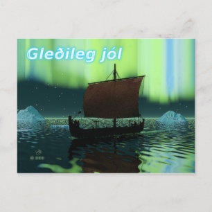 Gleðileg Jól - Viking Ship and Northern Lights Postkarte