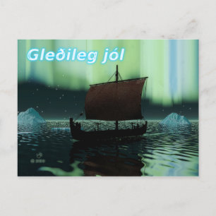 Gleðileg Jól - Viking Ship and Northern Lights Postkarte