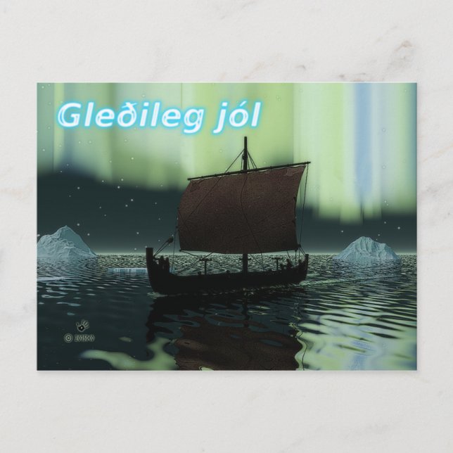 Gleðileg Jól - Viking Ship and Northern Lights Postkarte (Vorderseite)