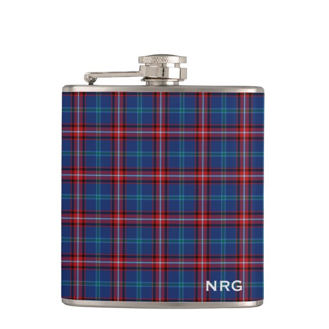 Glenn Tartan Monogram Bright Blue und Red Kariert Flachmann (Vorderseite)