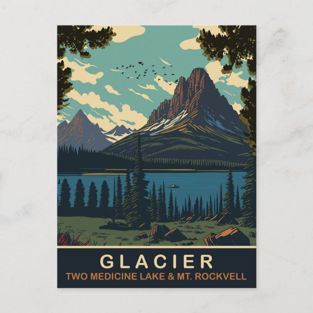 Gletscher, Zwei Medicine Lake und Rockwell Postkarte (Vorderseite)