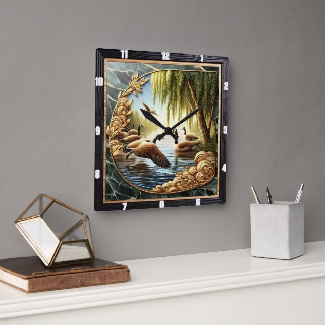 Gliding Geese Rustic River Quadratische Wanduhr (Büro)