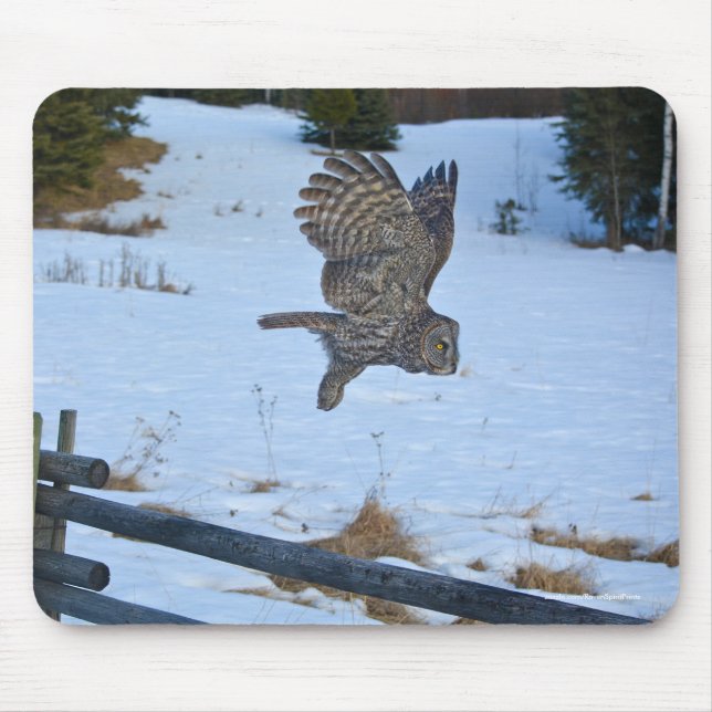 Gliding Great Gray Owl and Snow Wildlife Raptor Mousepad (Vorne)