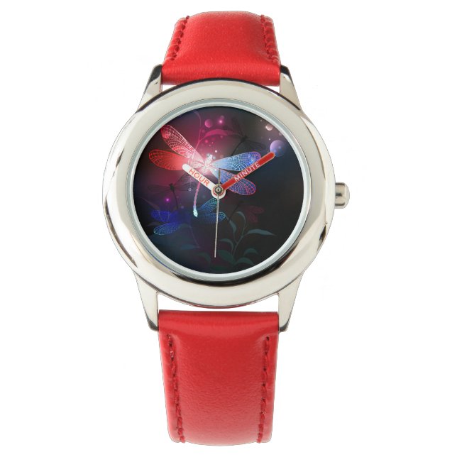 Glimmerne Rote Libelle Armbanduhr (Vorderseite)