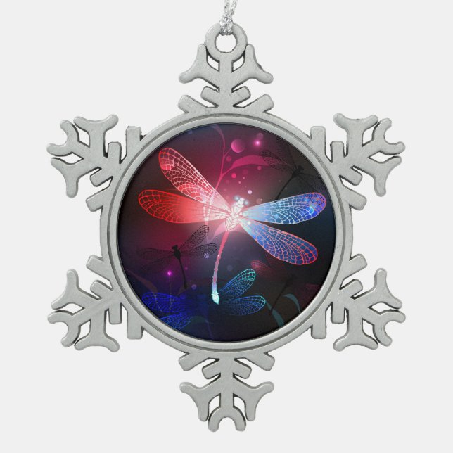 Glimmerne Rote Libelle Schneeflocken Zinn-Ornament (Vorderseite)