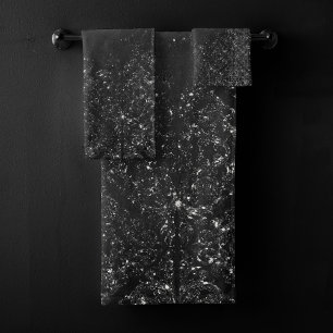 Glimmery Onyx Grunge   Silvery Black Glam Damask Badhandtuch Set