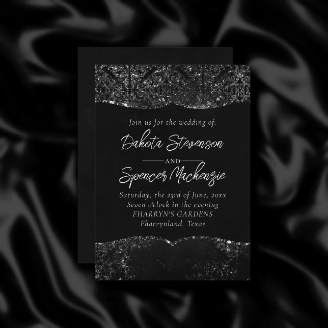 Glimmery Onyx Grunge | Silvery Black Glam Damask Einladung (Von Creator hochgeladen)