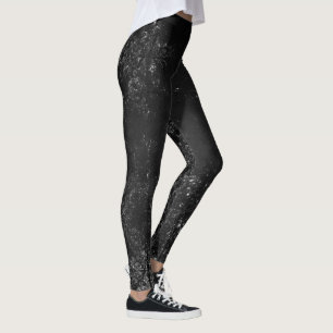 Glimmery Onyx Grunge   Silvery Black Glam Damask Leggings